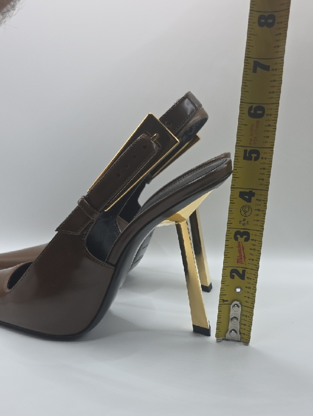 Saint Laurent Brown Patent Leather Slingback Heels with Gold Accent - Picture 14 of 16